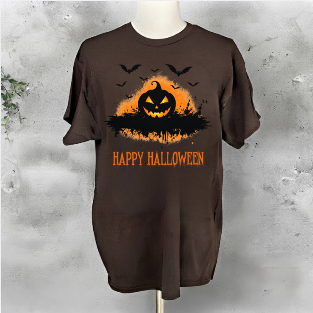 Happy Halloween Pumpkin Bats Spooky Orange Splatter Vintage Dark Brown T-Shirt